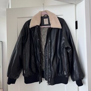 We The Free Black Vegan Leather Jacket with Cream Sherpa Trim